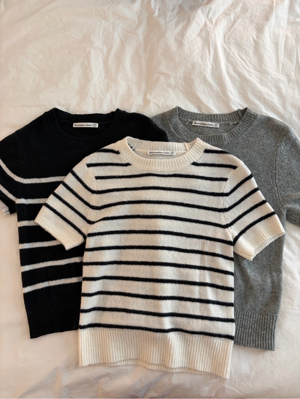 Abercrombie & Fitch Short-Sleeve Striped Crew Sweater Tee - Cream, Black, Gray